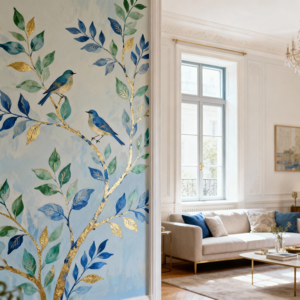 Fresque oiseaux sur branche, 2,5 m de long sur 3 m de haut, aux tons bleu Sarah et or. Un petit pan de mur délicat et élégant, idéal pour sublimer votre intérieur. Prix : 1 800 € TTC.