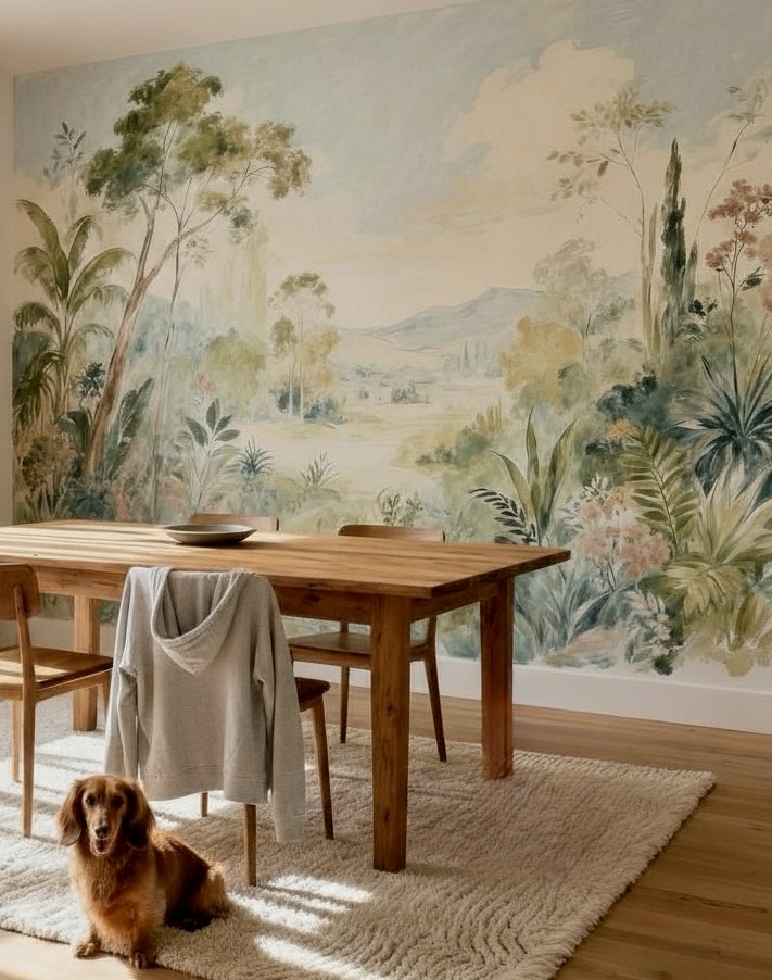 Fresque légère de forêt, 4,2 m x 2,3 m, aux tons doux inspirés de la palette Maison Sarah Lavoine. Des verts subtils qui apportent fraîcheur et calme à la salle à manger. Prix : 3 000 € TTC.
